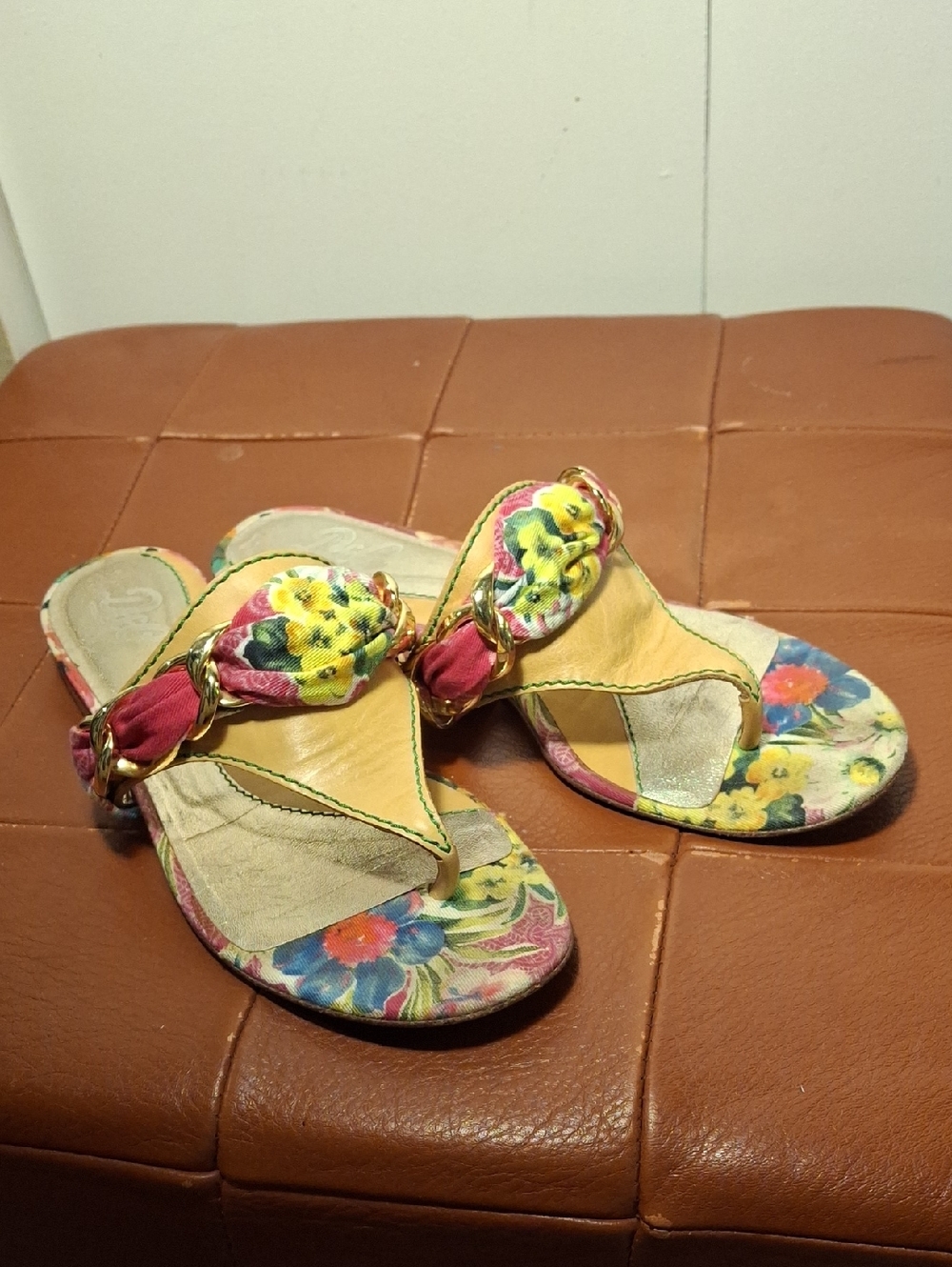 Dolce & Gabbana Metallic Gold Slide Sandal with Floral Trim